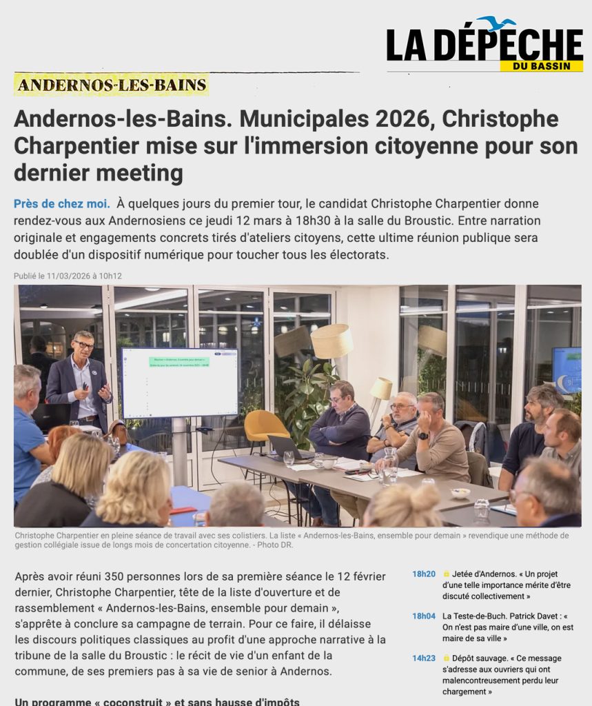 Christophe Charpentier en pleine séance de travail avec ses colistiers. La liste « Andernos-les-Bains, ensemble pour demain » revendique une méthode de gestion collégiale issue de longs mois de concertation citoyenne. - Photo DR.